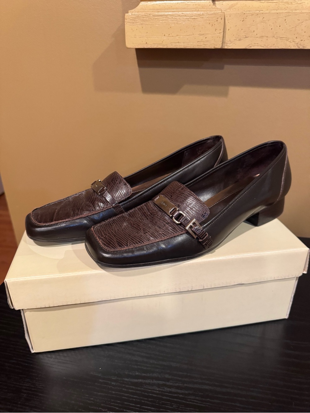 Etienne Aigner Dark Brown Leather Loafers with Textured Vamp and Metal Accent